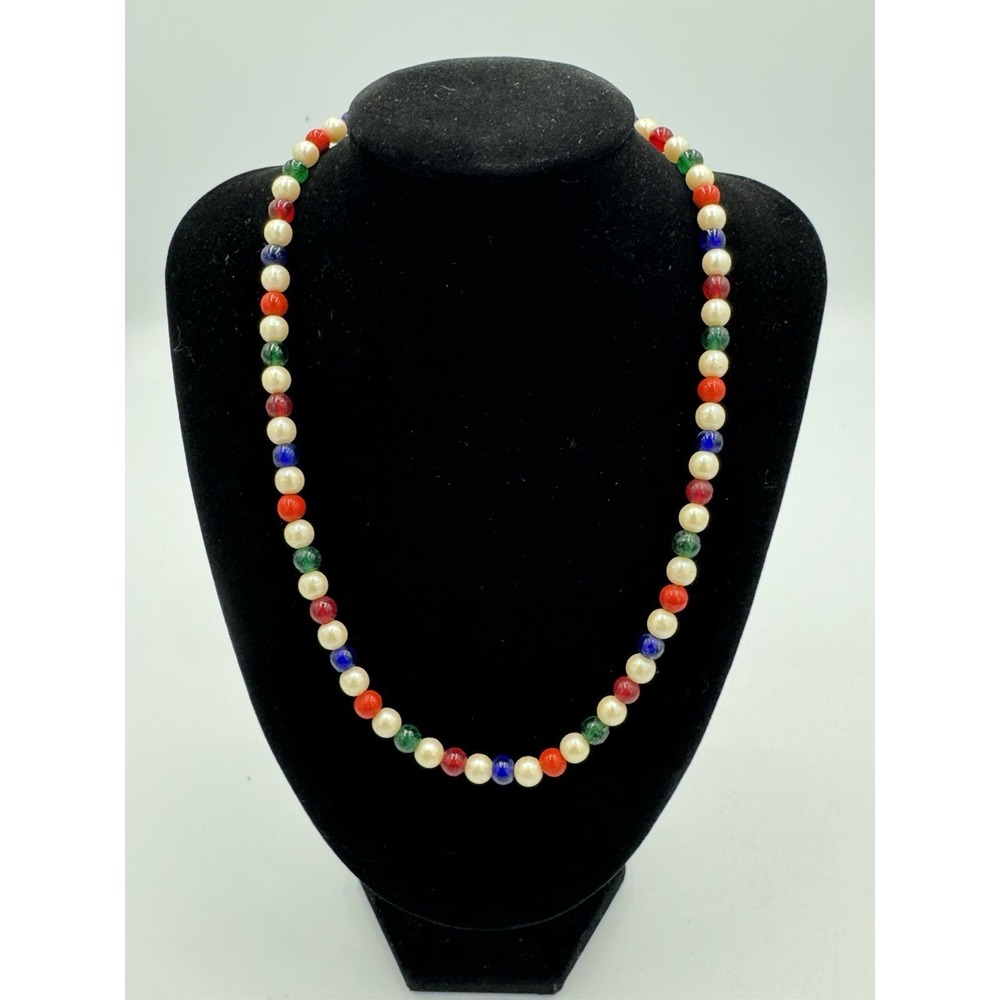 Vintage 60s Beaded Necklace Blue, Green, Red Art Glass Faux Pearl, Gold Tone